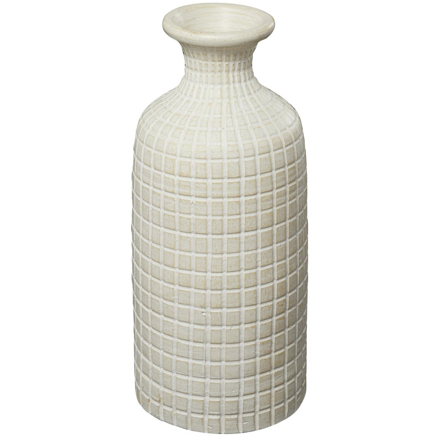 Cream Ceramic Geometric Textured Tall Vase