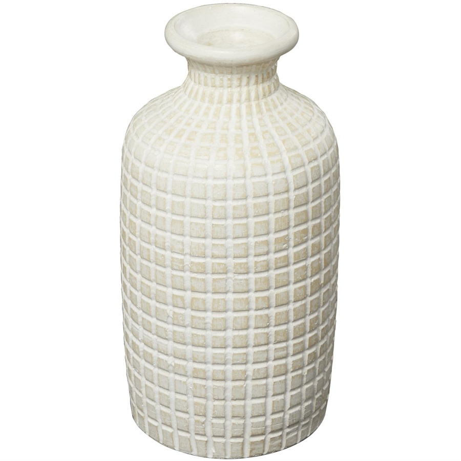 Cream Ceramic Geometric Textured Short Vase