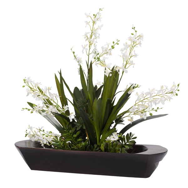 White Baby Orchids in Wooden Dough Bowl