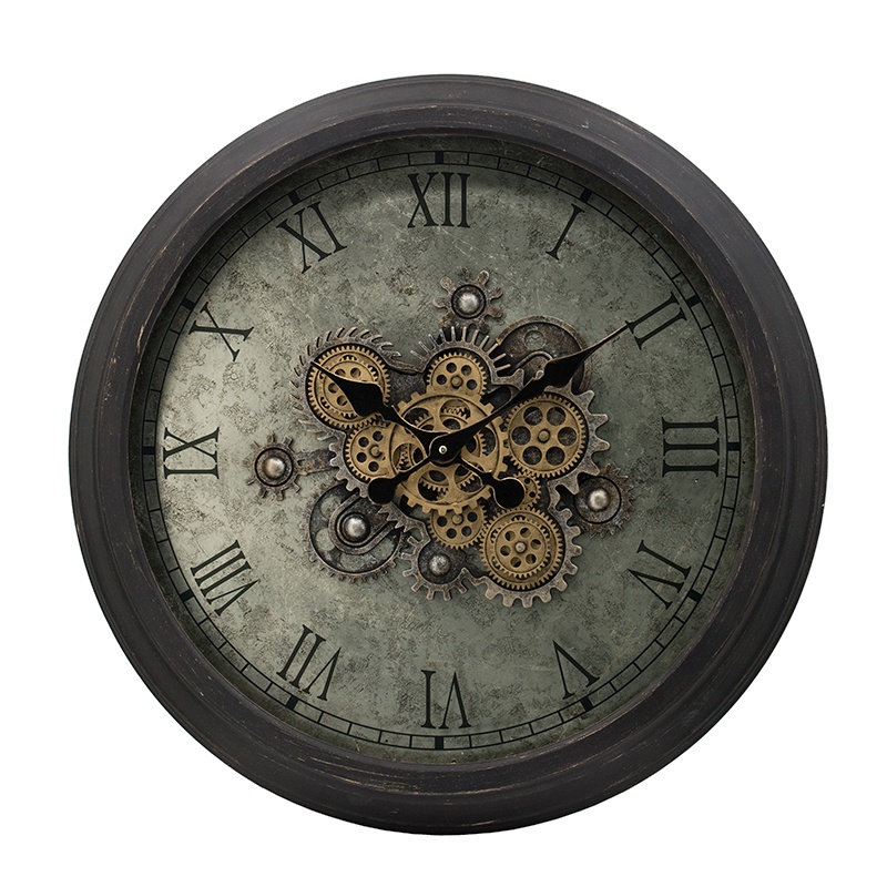 Gray and Black Round Clock with Gold Gears