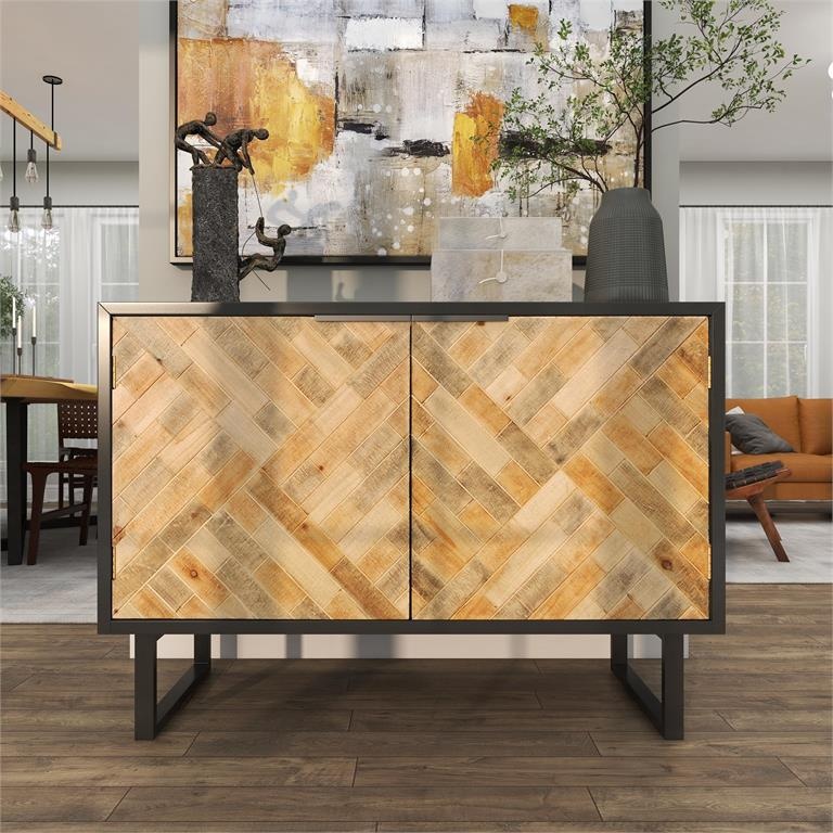 Black Geometric Cabinet with Wood Inlay