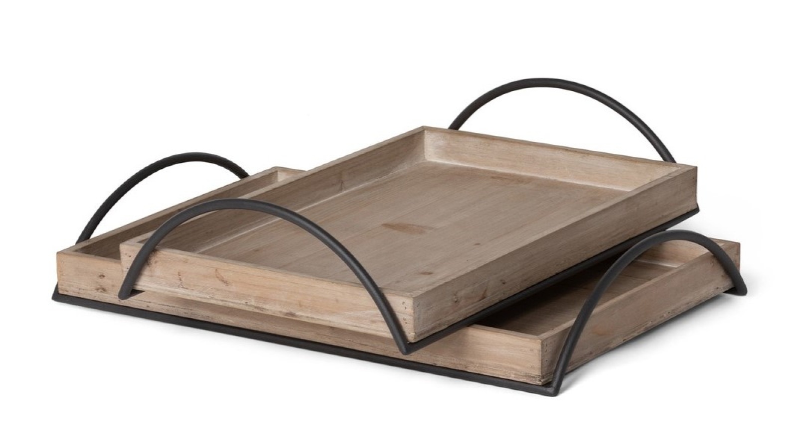 Wood Trays with Iron Handle (Set of 2)
