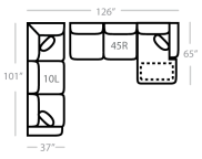 Diagram of the 551 Stanton sectional showing pieces and dimensions. Pieces included are 10L and 45R.