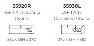 Diagram of the 559 Stanton sectional showing pieces and dimensions. Pieces included are 20R and 38L.