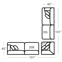 Diagram of the 575 Stanton sectional showing pieces and dimensions. Pieces included are 20L, 20R, and 17.