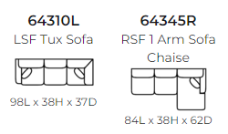Diagram of the 643 Stanton sectional showing pieces and dimensions. Pieces included are 10L and 45R.